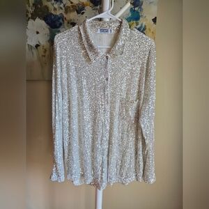 ✨ Porter Collective Silver Sequin Button-Up Top | Medium | NWOT